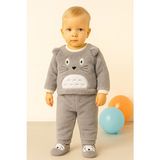 Mai Perla Totoro Nakışlı Welsoft Peluş 3'lü Bebek Takım Unisex Uzun Kol Gri Polar Kumaş - 0 - 3 Ay