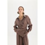 Mai Yovena Düğme Detay Kahve Oversize Gömlek - XS - S