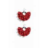 maia Gümüş Renk Halka Küpe – Kırmızı Siyah Puantiyeli Tül Kumaş Boncuklu Tasarım