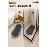 MAİN SHOP 2'li Oval Banyo Matı Takımı - 38X58 cm Su Emici Paspas ve 37X69 cm Masajlı Kaydırmaz Duş Paspası