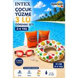 MAİN SHOP Intex 3'lü Çocuk Deniz Havuz Seti - Sevimli Desenli Yüzme Simidi, Kolluk ve Deniz Gözlüğü 3-6 Yaş M-59230-3SET - Kırmızı