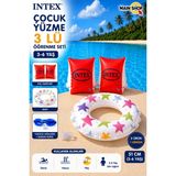 MAİN SHOP Intex 3'lü Çocuk Deniz Havuz Seti - Sevimli Desenli Yüzme Simidi, Kolluk ve Deniz Gözlüğü 3-6 Yaş M-59230-3SET - Mavi