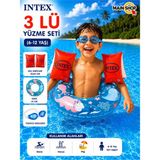 MAİN SHOP Intex 3'lü Çocuk Deniz Havuz Yüzme Seti - Şeffaf Baskılı Simit 61 Cm, Kırmızı Kolluk ve Yüzücü Gözlüğü 6-12 Yaş M- M-59242-3SET - Mavi