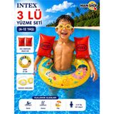 MAİN SHOP Intex 3'lü Çocuk Deniz Havuz Yüzme Seti - Şeffaf Baskılı Simit 61 Cm, Kırmızı Kolluk ve Yüzücü Gözlüğü 6-12 Yaş M- M-59242-3SET - Sarı