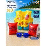 MAİN SHOP Intex 3'lü Çocuk Yüzme Seti - Deniz Havuz Yeleği 41X30 Cm, Kırmızı Kolluk ve Kulak Tıkaçlı Gözlük 3-6 Yaş M-59661-3SET - Mavi