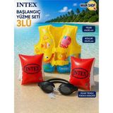 MAİN SHOP Intex 3'lü Çocuk Yüzme Seti - Deniz Havuz Yeleği 41X30 Cm, Kırmızı Kolluk ve Kulak Tıkaçlı Gözlük 3-6 Yaş M-59661-3SET - Siyah