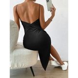 Maison La Femme Sırt Dekolteli Fiyonklu Midi Elbise Kadın İçin Yırtmaçlı Şık Tasarım Özel Davetlerde Kullanım - Siyah - 6XL