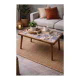 maison linden Eskitme Ahşap Ayaklı Üstü Seramik Masif Orta Sehpa 34X64 cm Dikdörtgen Dekoratif Yan Sehpa