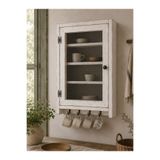 maison linden Eskitme Beyaz Tel Kapaklı Ahşap Duvar Dolabı 45x60 cm | Country Rustik Mutfak Dolabı, Kahve Köşesi Fincanlık, Kupa Askılı Nostaljik Dekoratif Raflı Tel Dolap