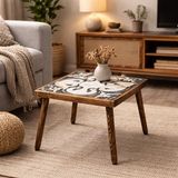 Maison Linden Eskitme Masif Ahşap Orta Sehpa 49X49 cm Seramik Yan Sehpa H45 Koltuk Yanı Dekoratif Masa - seramik ve ahşap
