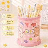 Maison Luré Kalem Kutusu Kawaii Pembe Teddy Ayıcık ve Tavşan Desenli Geniş Kapasiteli Masaüstü Organizer