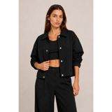 Maison Rae Kadın Siyah Oversize, Polo Yaka, Çıtçıtlı, Pamuklu Gabardin, Kısa Mevsimlik Ceket