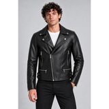Maisonrae Erkek Siyah Slim Fit Biker Deri Ceket – Çapraz Fermuarlı, Çok Cepli, Kemer Tokalı - XL