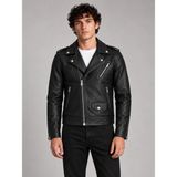 Maisonrae Erkek Siyah Slim Fit Biker Deri Ceket – Fermuar ve Cep Detaylı - XL