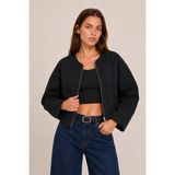 Maisonrae Kadın Siyah, Astarlı, Crop Boy, Fermuar Detaylı, Balon Kol, Oversize Mevsimlik Ceket