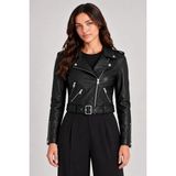 Maisonrae Kadın Siyah Fermuarlı Crop Deri Biker Ceket