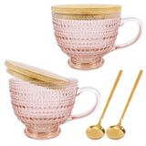 MAKERSLAND Pembe Vintage Latte Kupalar 2'li Set, 16oz Büyük Pembe Cam Kabartmalı Kahve Kupası Bambu Kapaklı ve Kaşıklı Latte Çay Bardağı, Yalıtımlı Çay Bardakları Buzlu Su Nervürlü Bardaklar Kahvaltı Kupası Seti