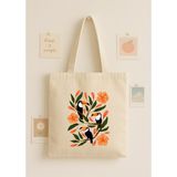Maki Craft Çiçek Desenli Tukan Kuşu Baskılı Bez Çanta Tote Bag - Bej