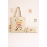 Maki Craft Good Vibes Only Baskılı Bez Çanta ve Kalemlik 2’li Set – Renkli Çiçek ve Kelebek Desenli Hediye Seti