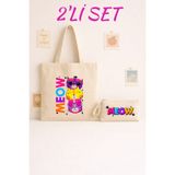 Maki Craft Renkli Meow Kedi Temalı 2’li Bez Çanta & Fermuarlı Kalemlik Seti - 35X40 ve 21x10 - 001-Renkli