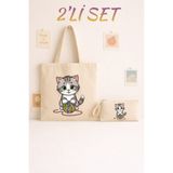 Maki Craft Sevimli Kedi ve İp yumak figürlü Baskılı Bez Çanta ve Kalemlik 2’li Set
