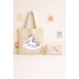 Maki Craft Unicorn Baskılı Bez Çanta ve Kalemlik 2’li Set – Gökkuşağı Temalı Hediye Seti
