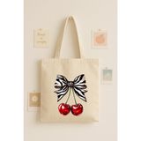 Maki Craft Zebra Kurdeleli Kiraz Desenli Bez Çanta Tote Bag - Bej