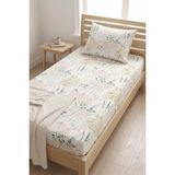 Maki Home %100 Pamuklu Çiçekli 120X200 Tek Kişilik Lastikli Çarşaf Bohem Tarz Doğal Bitki Desenli - Kırık Beyaz - 120 x 200