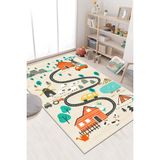 Makinede Yıkanabilir Kaymaz Taban Leke Tutmaz Yol Desenli Çocuk Odası Halısı Oyun Halısı - Bej - 100 x 500 cm