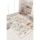 Makinede Yıkanabilir Kaymaz Taban Leke Tutmaz Yol Desenli Çocuk Odası Halısı Oyun Halısı - Bej - 140 x 400 cm