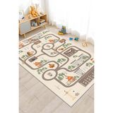 Makinede Yıkanabilir Kaymaz Taban Leke Tutmaz Yol Desenli Çocuk Odası Halısı Oyun Halısı - Bej - 60 x 150 cm