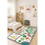 Makinede Yıkanabilir Kaymaz Taban Leke Tutmaz Yol Desenli Çocuk Odası Halısı Oyun Halısı - Beyaz - 140 x 250 cm
