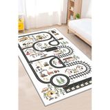 Makinede Yıkanabilir Kaymaz Taban Leke Tutmaz Yol Desenli Çocuk Odası Halısı Oyun Halısı - Beyaz - 160 x 230 cm