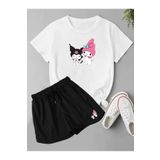makiteks 2'li Set Düz Renk Kadın Regular Şort ve Tshirt Tişört Kuromi