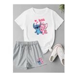 makiteks 2'li Set Düz Renk Kadın Regular Şort ve Tshirt Tişört Lilo Stitch Kiss