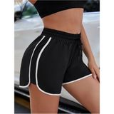 Makiteks Kadın Siyah Yanları Beyaz Şeritli Spor Şort - Bağcıklı Mini Koşu Fitness Voleybol Şortu - 000-Siyah - XL