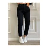 MAKRAS EXCLUSIVE A111387 Kadın Yüksek Bel Siyah Mom Jeans Likralı Esnek Kot Pantolon Dar Paça