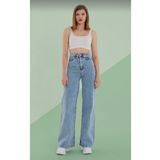 MAKRAS EXCLUSIVE Jany Likralı Kadın Mavi Kar Yıkama Yüksek Bel Bol Paça Denim Kot Palazzo Pantolon