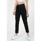 MAKRAS EXCLUSIVE Jaxen Kadın Yüksek Bel Solmayan Siyah Likralı Mom Jeans Boyfrend Pantolon