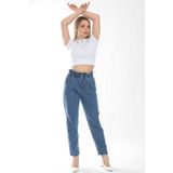 MAKRAS EXCLUSIVE Sara Kadın Mavi Beli Lastikli Boyfriend Kot Pantolon Beli Büzgülü Mom Jean