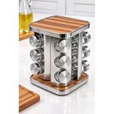 MAKRİ HOME 12’li Ahşap Krom Kare Döner Baharatlık, 360° Paslanmaz Stantlı, 118 ml Cam Kavanoz, 19 x 23 cm