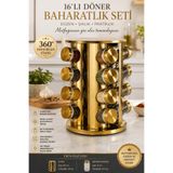 MAKRİ HOME 16'lı Döner Altın Renk Yuvarlak Metal 360° Döner Stantlı Baharatlık Seti, 18 cm çap, 29 cm yükseklik