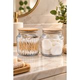 MAKRİ HOME 2'li Cam Banyo Organizeri Bambu Kapaklı Pamuk ve Kulak Çubuğu Düzenleyici 700 ml