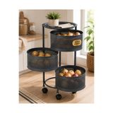 MAKRİ HOME 3 Katlı Tekerlekli Metal Patates Soğan Sepeti Sebzelik, Antrasit, Yana Açılır Sepetli, Üst Tablalı, 60 cm