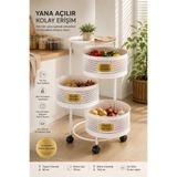 MAKRİ HOME 3 Katlı Tekerlekli Metal Patates Soğan Sepeti Sebzelik, Beyaz, Yana Açılır Sepetli, Üst Tablalı, 60 cm
