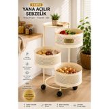 MAKRİ HOME 3 Katlı Tekerlekli Metal Patates Soğan Sepeti Sebzelik, Krem, Yana Açılır Sepetli, Üst Tablalı, 60 cm