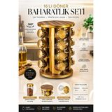 Makri Home 360° Döner Altın Renk Yuvarlak Ahşap Metal Stantlı 16'lı Cam Baharatlık Seti, 19 cm Çap, 29 cm Yükseklik