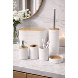 MAKRİ HOME 6 Parça Beyaz Banyo Seti, Bambu Detaylı, 8L Çöp Kovası 24x26x16 cm