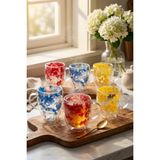 Makri Home 6'lı Çift Cidarlı Çiçekli Cam Kupa Seti, 2'şer Adet Kırmızıbeyaz-Mavibeyaz-Sarı Kupa, 350 ml - Renkli