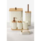 MAKRİ HOME 7 Parça Desenli Kare Bambu Kapaklı Beyaz Banyo Seti, Hacim: 8 litre
